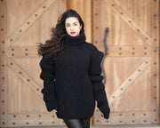 Pull en laine noir tricoté main grosse maille 100% laine T1350