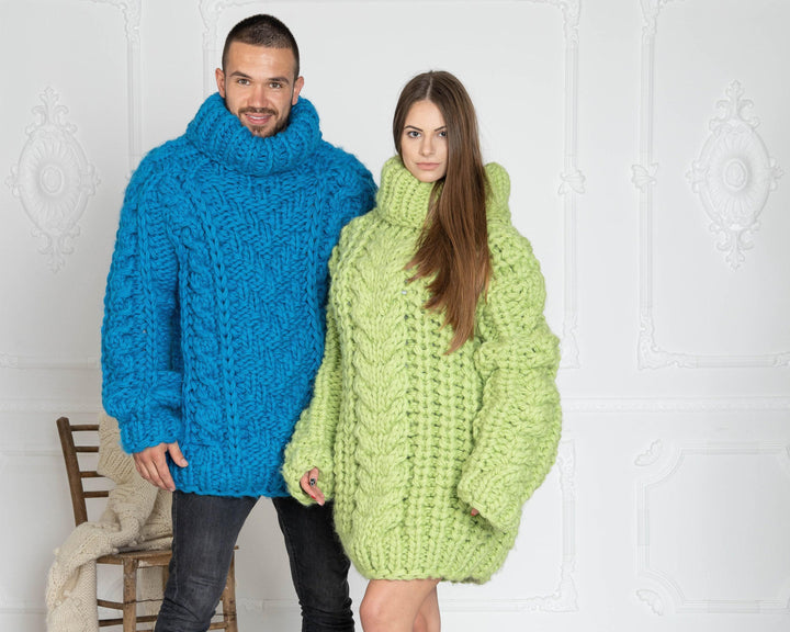 5-Strand Thick Blue Wool Sweater – Huge Chunky Knit Woolen Pullover T627W
