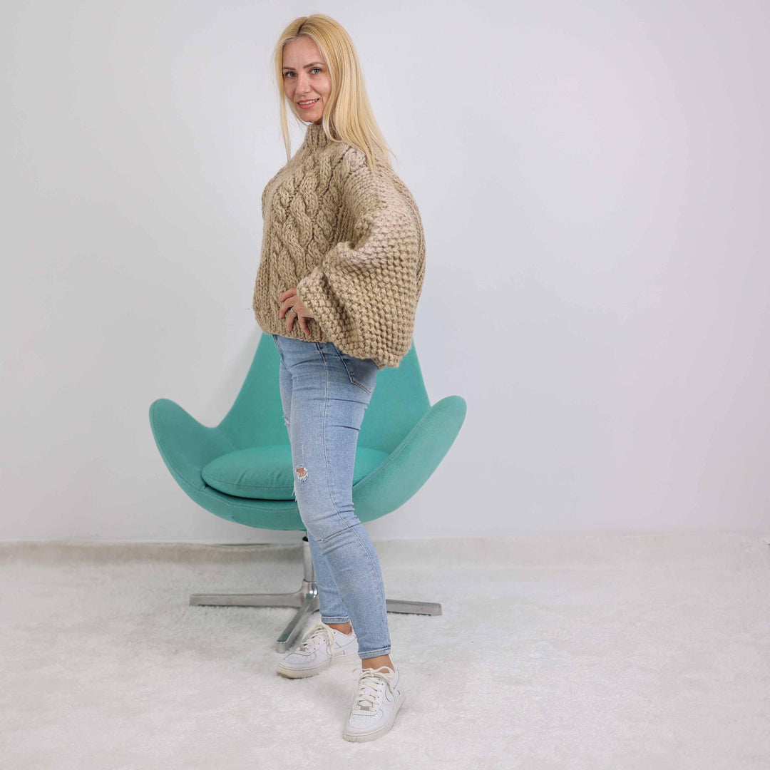 Short Wool Sweater with Oversized Sleeves, Hand Knitted Cables Pullover T1881
