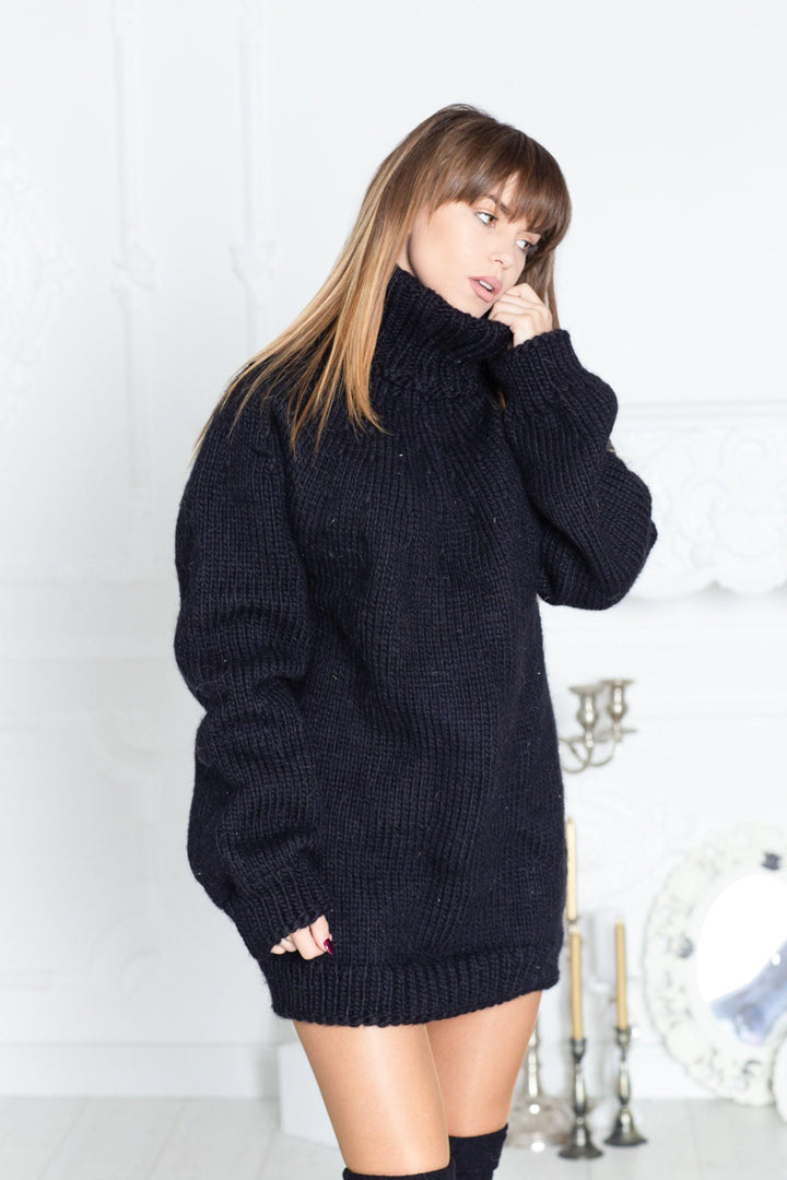 Wool Sweater Black Turtleneck, Hand Knitted 100% Wool Thick Pullover for Men T598