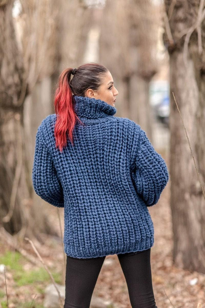 Wool Sweater Blue Turtleneck, Hand Knitted 100% Wool Jumper T426