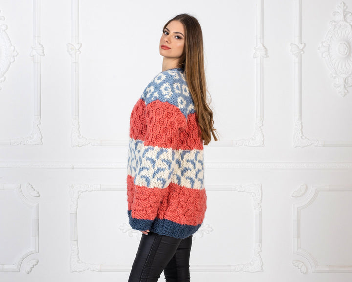 Colorful Wool Sweater, Hand Knitted 100% Wool Jumper, Chunky Multicolor Pullover T969