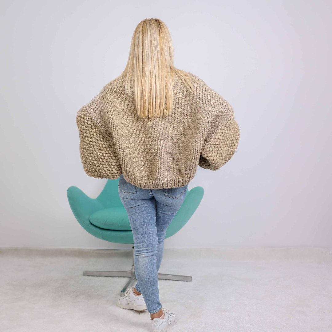 Short Wool Sweater with Oversized Sleeves, Hand Knitted Cables Pullover T1881