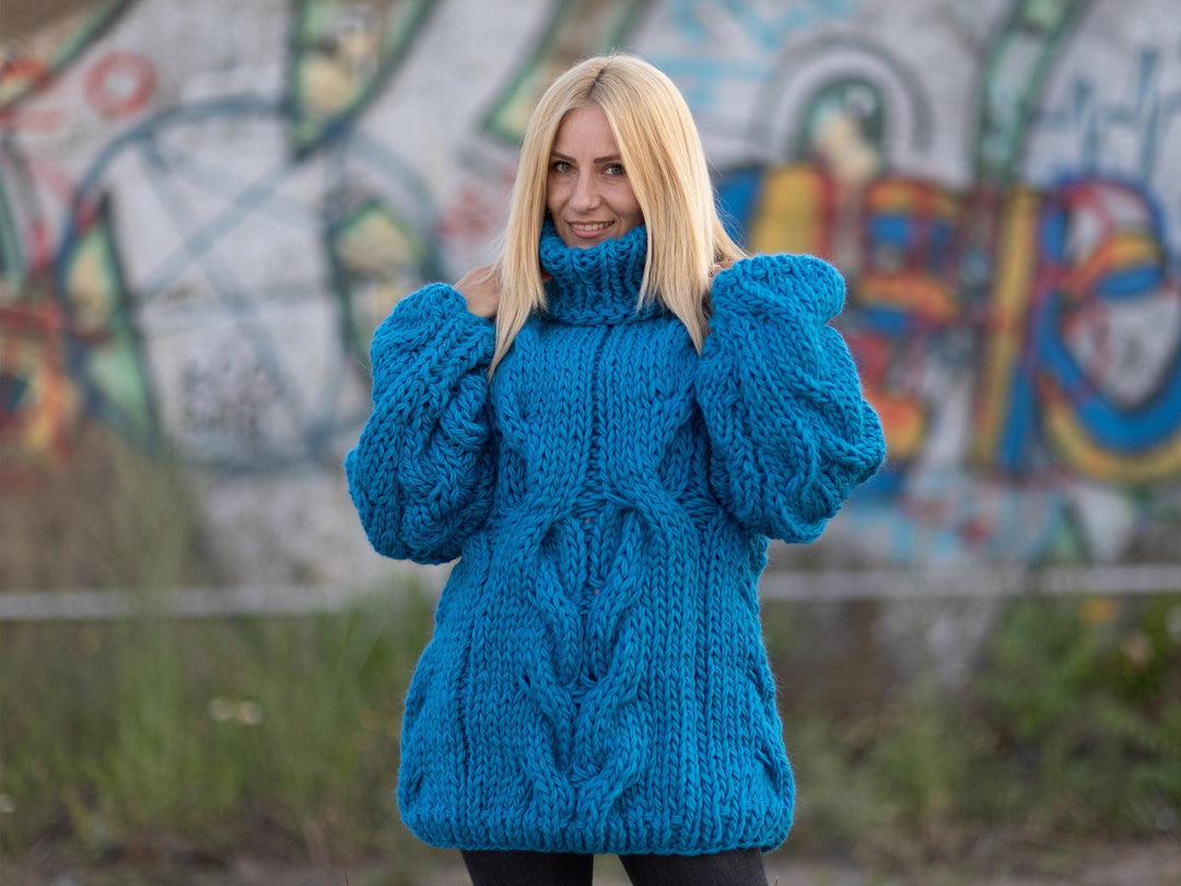Blue Wool Sweater with Cables, Hand Knitted 100% Wool Jumper, Chunky Winter Pullover T1084