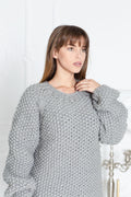 Wollpullover Grau Reiskornmuster Rundhals, Handgestrickt 100% Wolle Pullover T600