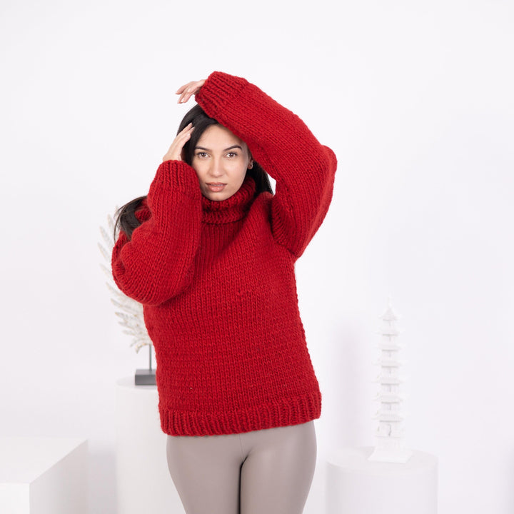 Wool Sweater Red Chunky Knit, Hand Knitted 100% Wool Jumper T1592