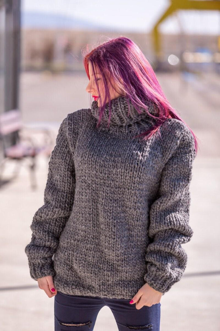 Wool Sweater Soft 100% Wool Turtleneck, Hand Knitted Chunky Pullover T509