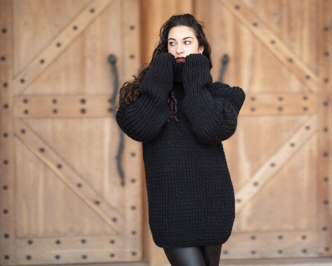 Wool Sweater Black Chunky Knit, Hand Knitted 100% Wool Jumper T1350