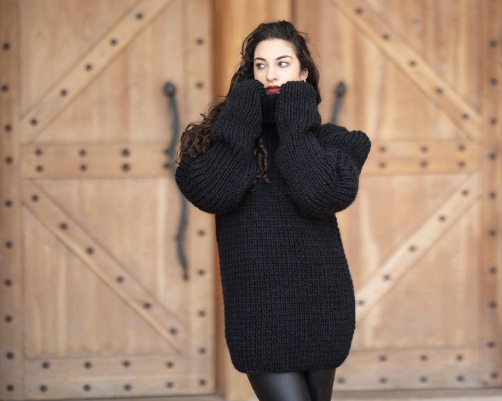 Wool Sweater Black Chunky Knit, Hand Knitted 100% Wool Jumper T1350