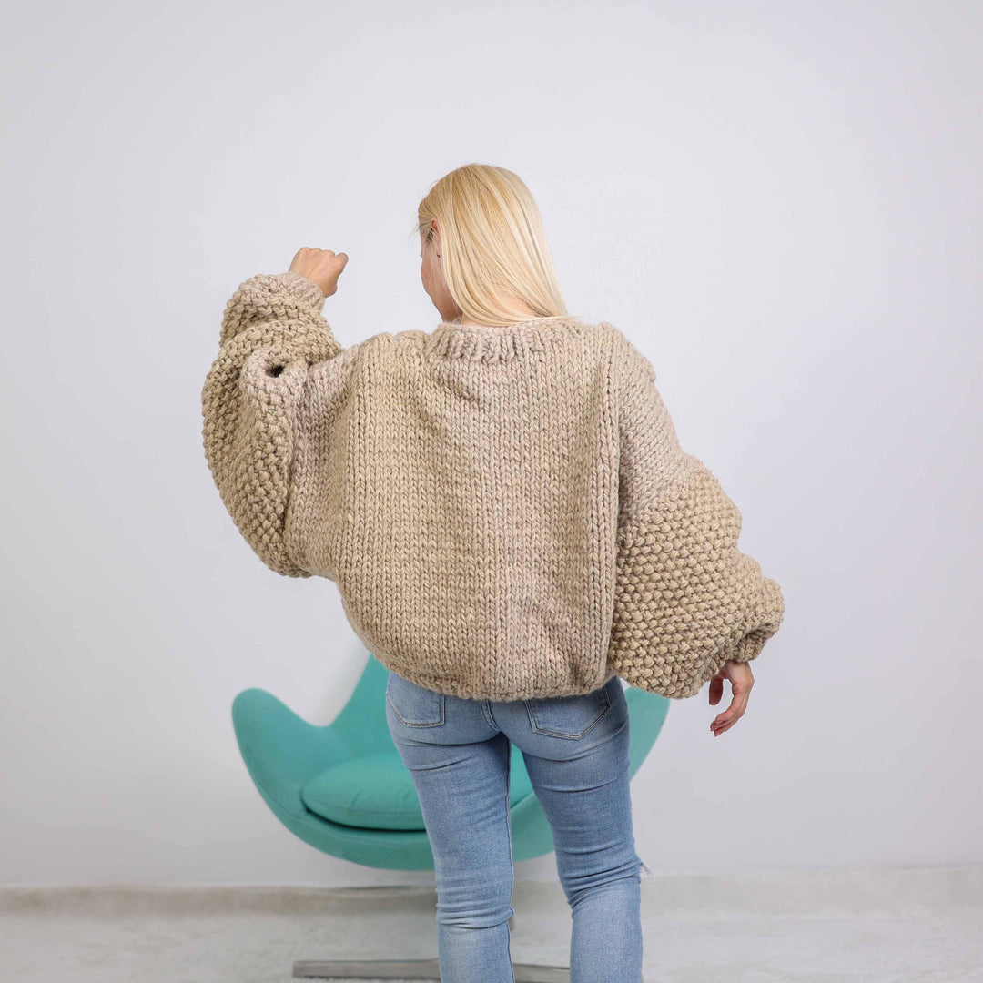 Short Wool Sweater with Oversized Sleeves, Hand Knitted Cables Pullover T1881