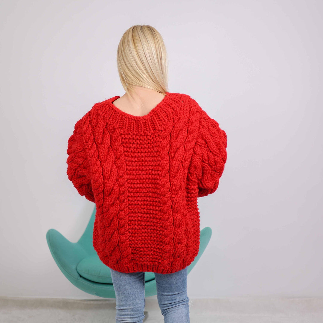 Red Cable Knit Wool Sweater – Hand-Knitted 100% Wool Pullover T1883