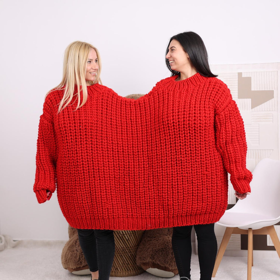 Chunky Wool Couples Sweater – Oversized Hand-Knitted Double-Neck Red Pullover for Two T1845