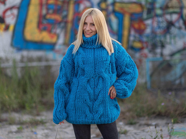 Blue Wool Sweater with Cables, Hand Knitted 100% Wool Jumper, Chunky Winter Pullover T1084