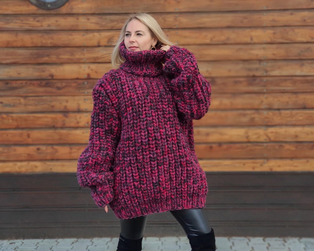 Oversized Wool Sweater – Hand-Knitted English Rib Chunky Jumper T953