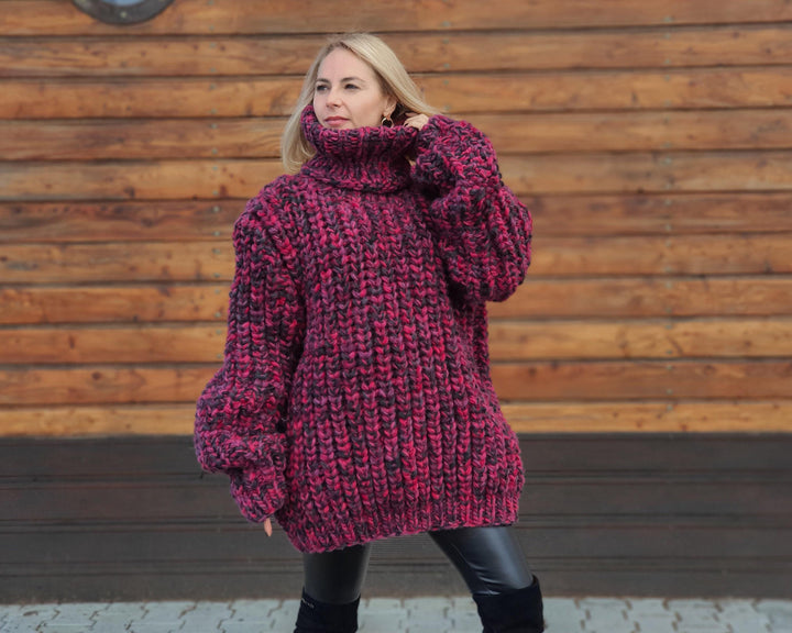 Oversized Wool Sweater – Hand-Knitted English Rib Chunky Jumper T953