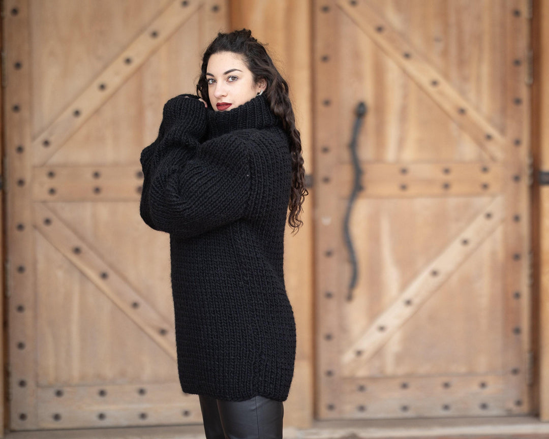 Wool Sweater Black Chunky Knit, Hand Knitted 100% Wool Jumper T1350