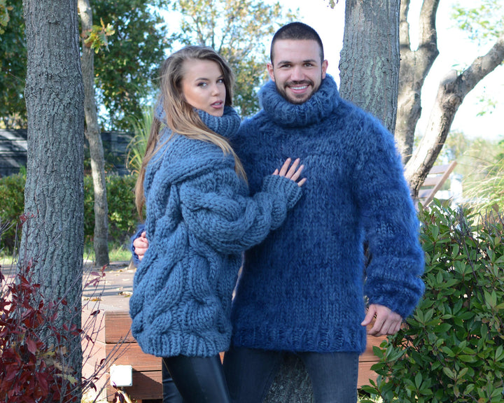 5-Strand Thick Wool Sweater – Hand-Knitted Denim Blue Chunky Cable Pullover T660W