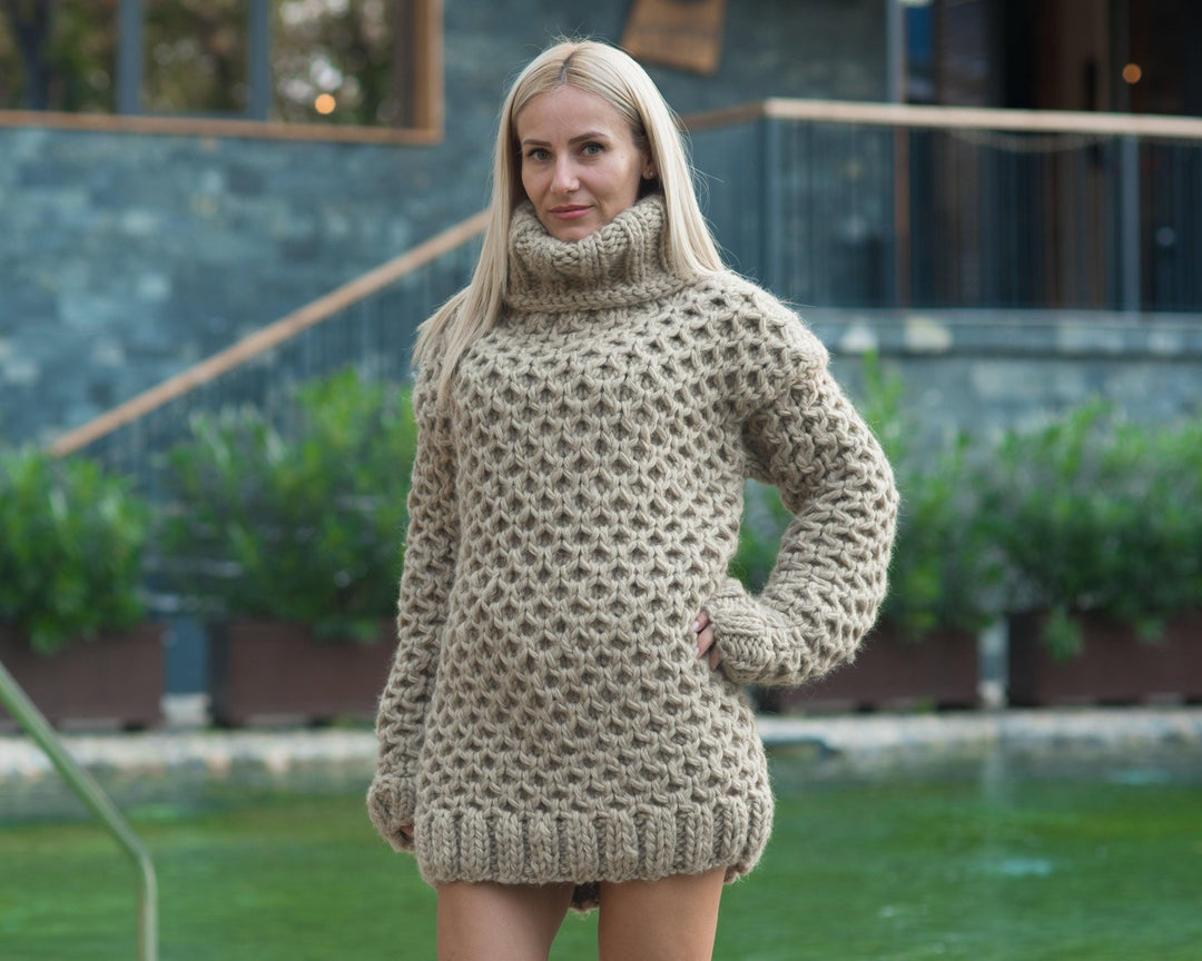 Eco Wool Sweater, Hand Knitted Honeycomb Wool Jumper, Natural Fiber Chunky Pullover T811