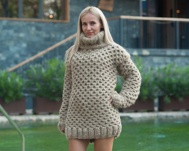 Eco Wool Sweater, Hand Knitted Honeycomb Wool Jumper, Natural Fiber Chunky Pullover T811