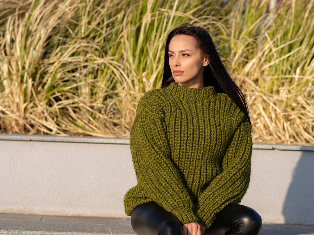 Wool Sweater Green Fisherman Rib Knit, Hand Knitted Warm Wool Jumper T1178
