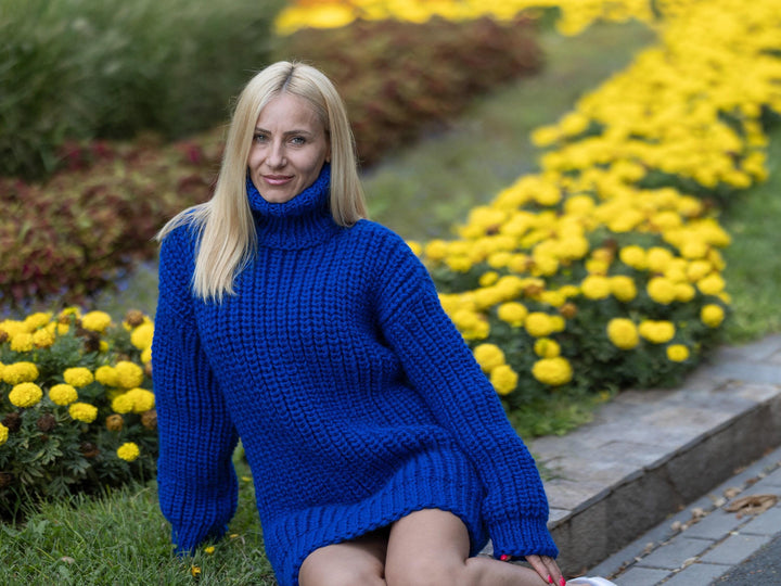 Wool Sweater Blue Turtleneck, Hand Knitted 100% Wool Jumper T1235