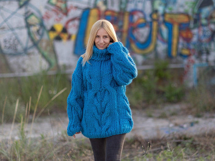 Blue Wool Sweater with Cables, Hand Knitted 100% Wool Jumper, Chunky Winter Pullover T1084