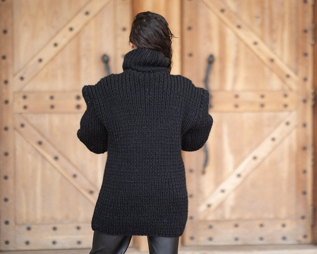 Wool Sweater Black Chunky Knit, Hand Knitted 100% Wool Jumper T1350