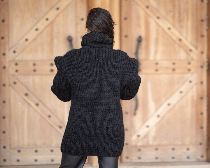 Wool Sweater Black Chunky Knit, Hand Knitted 100% Wool Jumper T1350