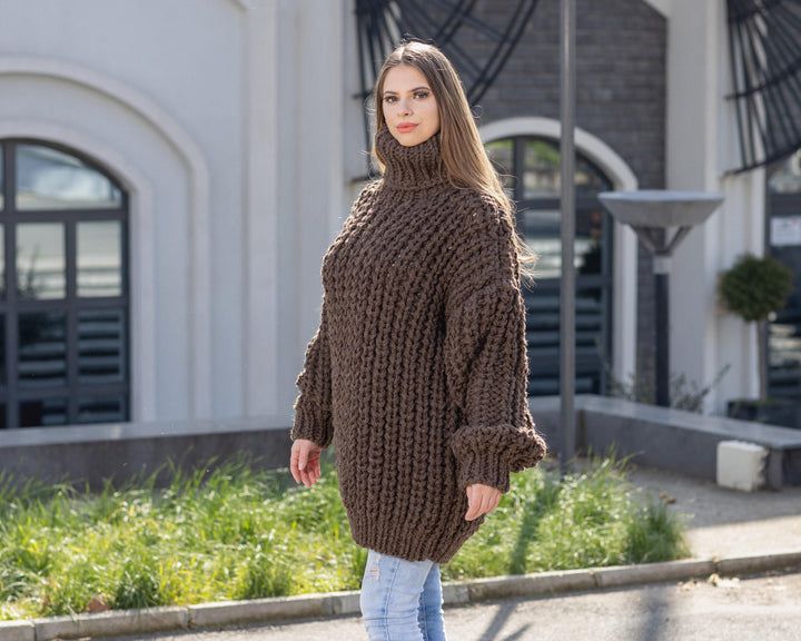 5-Strand Brown Itchy Wool Sweater – Chunky English Rib Knit Winter Jumper T1029