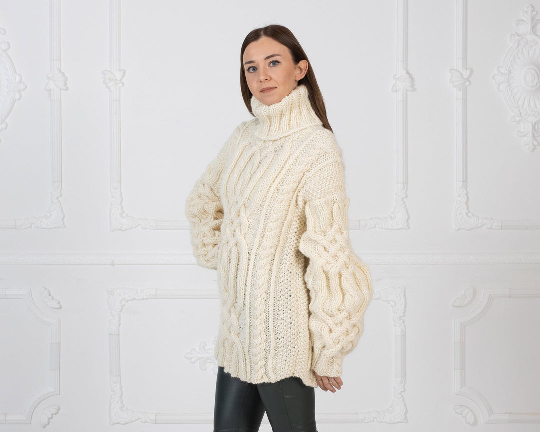 Wool Sweater Cream Cable Knit for Women, Hand Knitted Soft Wool Pullover T971M