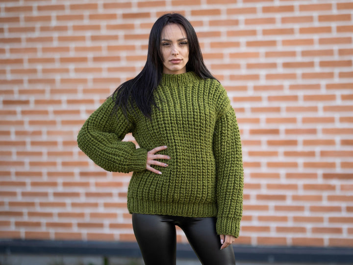 Wool Sweater Green Fisherman Rib Knit, Hand Knitted Warm Wool Jumper T1178