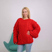 Roter Zopfstrickpullover aus Wolle – Handgestrickter Pullover aus 100 % Wolle T1883