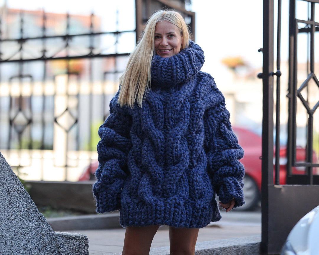 Blue 10 strand Chunky Wool Sweater – Hand-Knitted with Extra Long 60 cm Turtleneck 1479