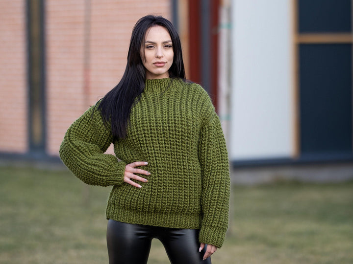 Wool Sweater Green Fisherman Rib Knit, Hand Knitted Warm Wool Jumper T1178