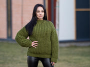 Wollpullover Grün Fischer Rippstrick, Handgestrickter Warmer Wollpullover T1178