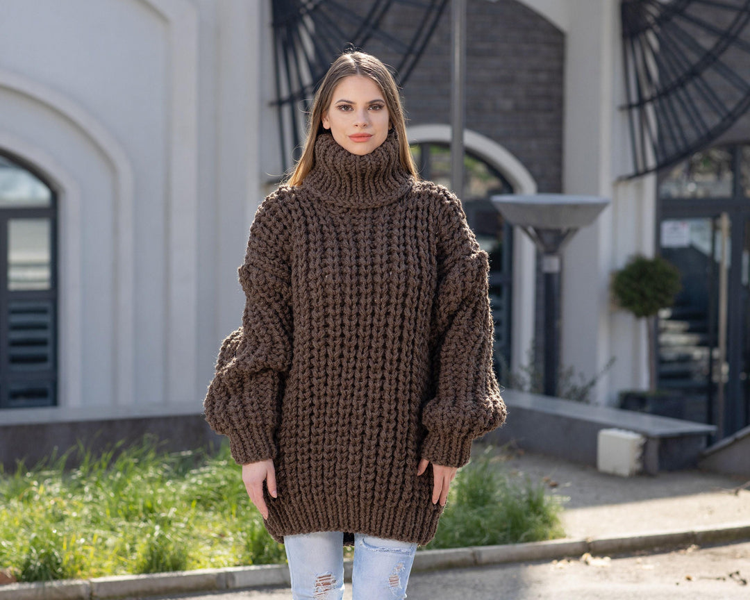 5-Strand Brown Itchy Wool Sweater – Chunky English Rib Knit Winter Jumper T1029