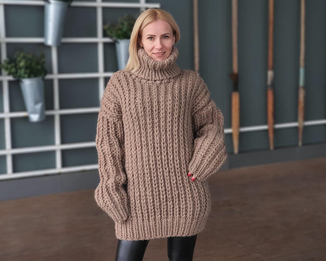 English Rib Oversized Wool Sweater – Thick Hand-Knitted 100% Soft Wool Jumper T963