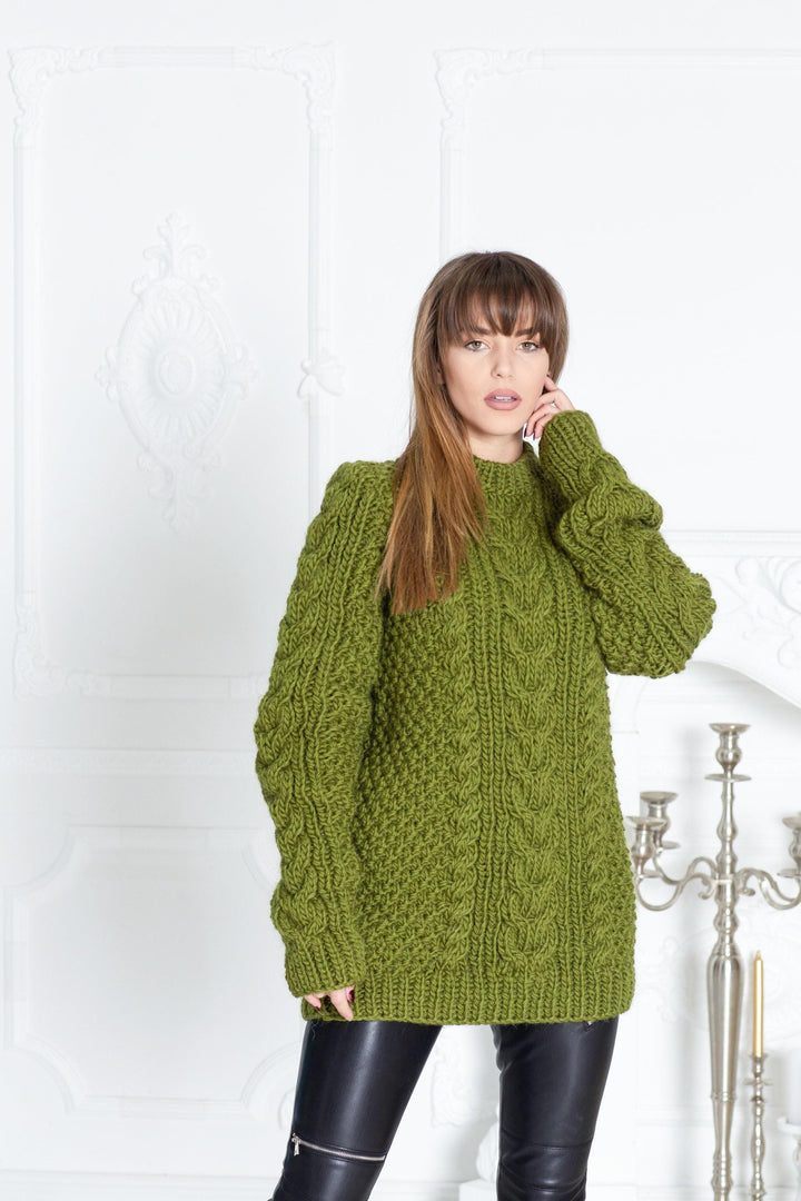 Wool Sweater Turquoise Cable Knit Turtleneck, Hand Knitted Virgin Wool Chunky Pullover T599
