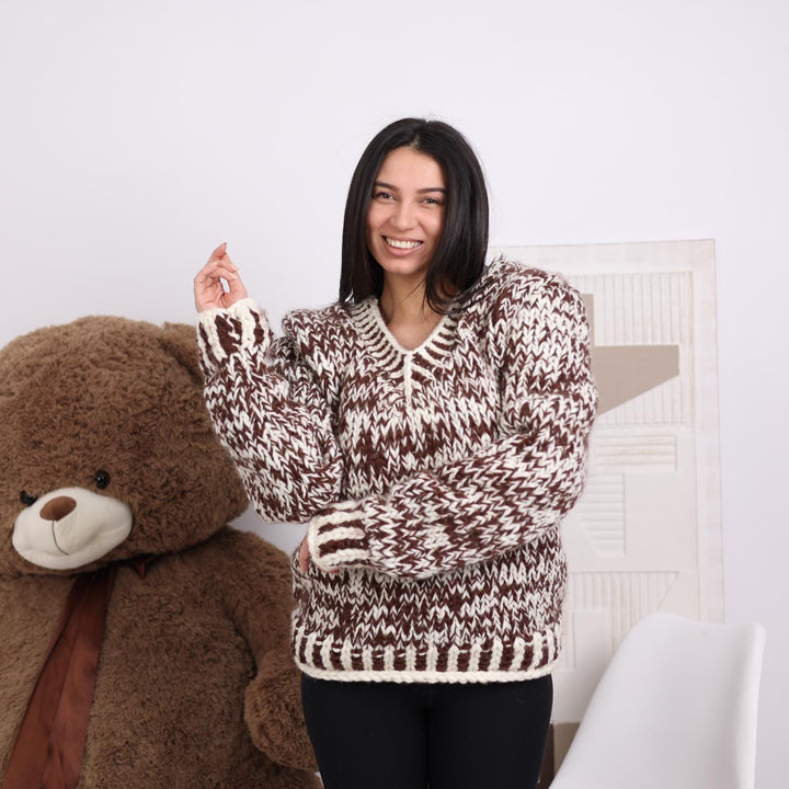 Melange Wool V-Neck Sweater, Hand Knitted 4-Strand Wool Jumper, Chunky Soft Pullover T1841