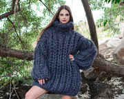 8-fädiger klobiger grauer Pullover – handgestrickter Pullover aus Wolle und Mohair T787W