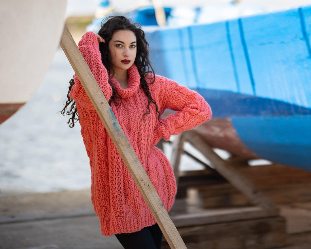 Wool Sweater Coral Cable Knit, Hand Knitted on Large Needles Chunky Pullover T796