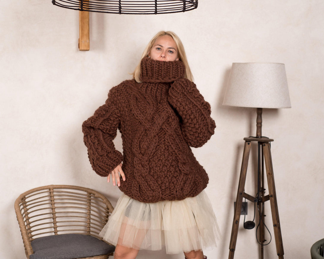 5-Strand Chunky Wool Sweater – Hand-Knitted Pure Wool Cable Jumper T813