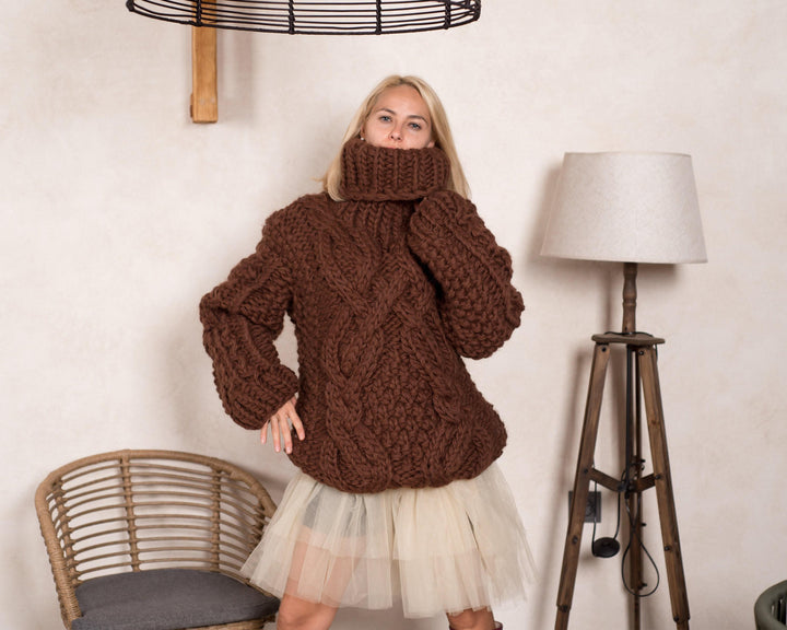 5-Strand Chunky Wool Sweater – Hand-Knitted Pure Wool Cable Jumper T813