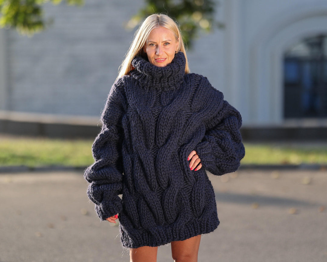 5-Strand Thick Denim Blue Wool Sweater – Massive Cable Knit Woolen Pullover T1447