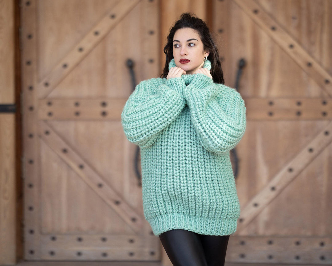 Wool Sweater Blue Turtleneck, Hand Knitted 100% Wool Jumper T1354