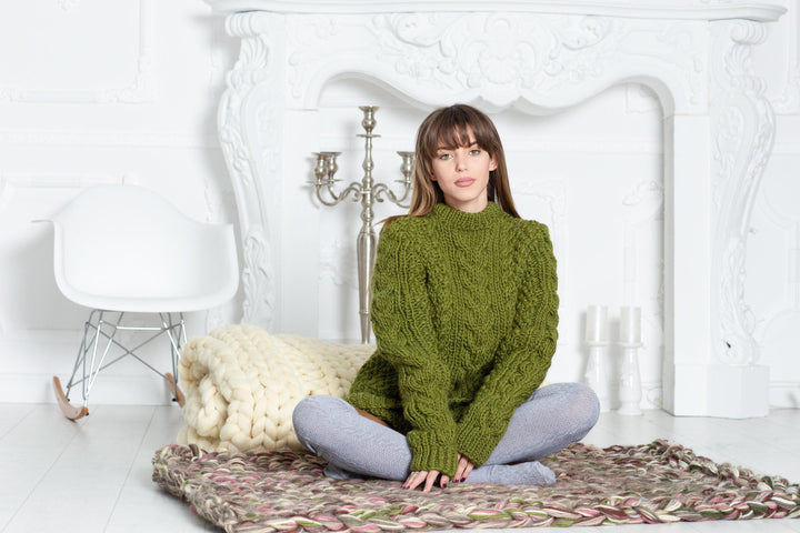 Wool Sweater Turquoise Cable Knit Turtleneck, Hand Knitted Virgin Wool Chunky Pullover T599