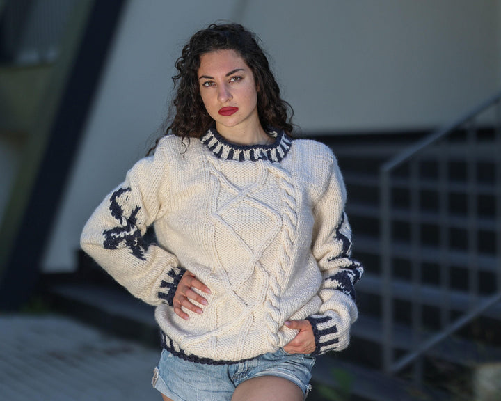 Wool Sweater Marine Blue Cable Knit, Hand Knitted Chunky Fisherman Jumper T1441