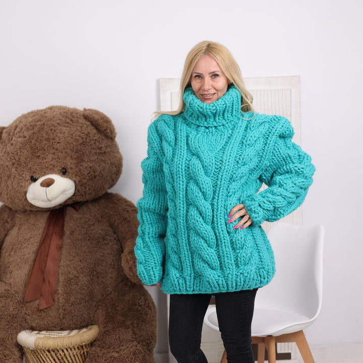 Turquoise Chunky Cable Knit Sweater – Hand-Knitted Thick Wool Pullover T1840