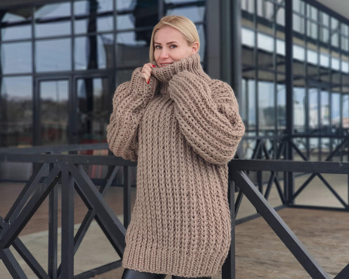 English Rib Oversized Wool Sweater – Thick Hand-Knitted 100% Soft Wool Jumper T963