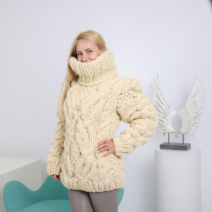 Chunky Cable Wool Sweater – 5-Strand Hand-Knitted Pullover with 50 cm Extra-Long Turtleneck T1917